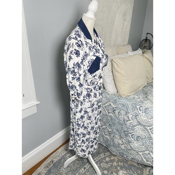 Vintage 80s Midi Shirt Dress Navy Floral Old Money Natutical Cottagecore Prep 12 - Picture 3 of 16